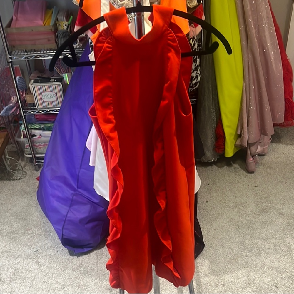 Ted Baker London Fiery Red Ruffle Dress with a very unique high neck